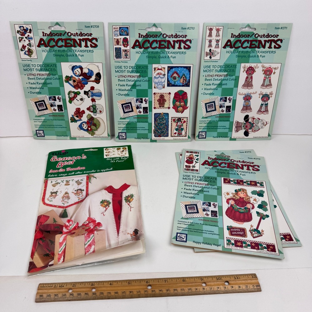 Lot of 6 Vtg 90s Christmas Holiday Rub on Transfers Santa Snowman Angels READ